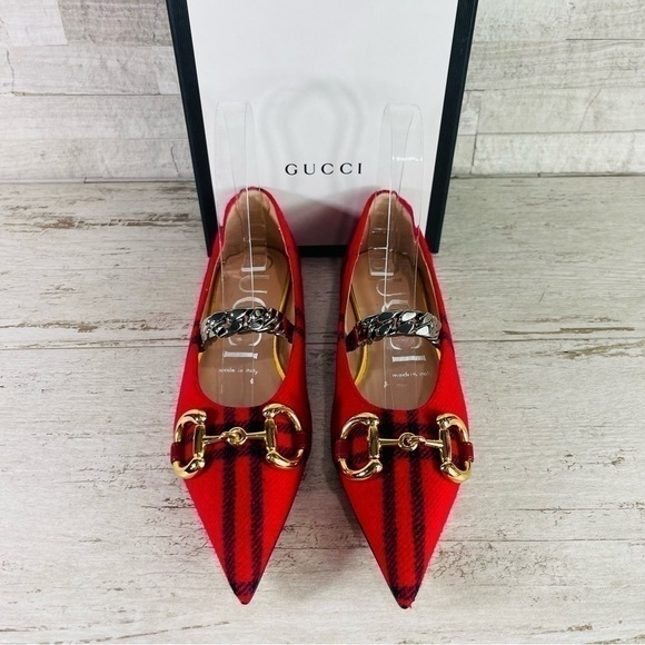 NWT GUCCI Archive Wool Check Pointed Toe Ballet Flats Shoes Red/Black SZ 35 - Picture 3 of 16